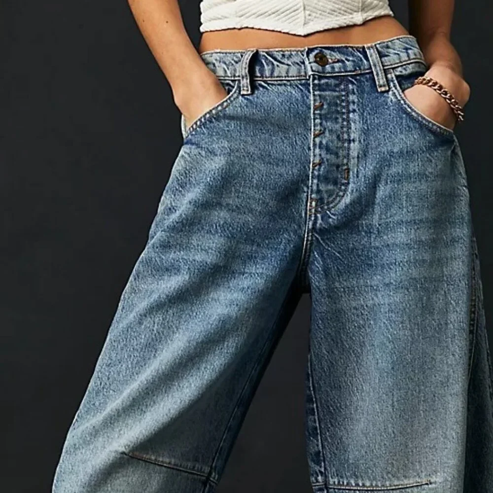 Free People We The Free Good Luck Mid-Rise Barrel Jeans Color Ultra Light Beam - Picture 4 of 5